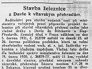 Článek z časopisu Vltavské proudy z roku 1930 týkající se plánované stavby tratě z Davle na Slapy.